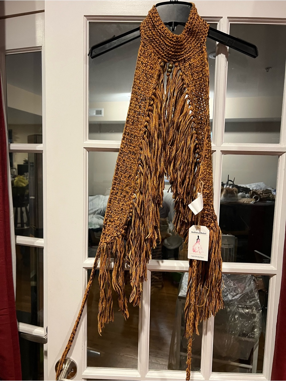 Fringed Knit Halter Scarf in Burnt Amber Tone